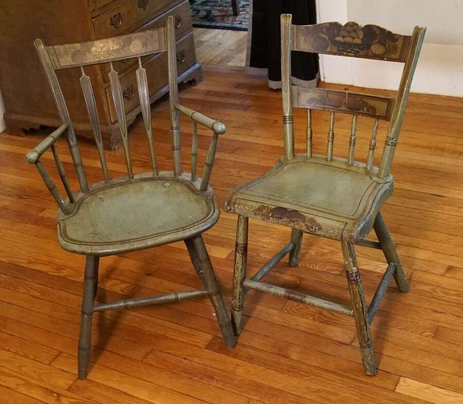 American green painted spindle back chairs