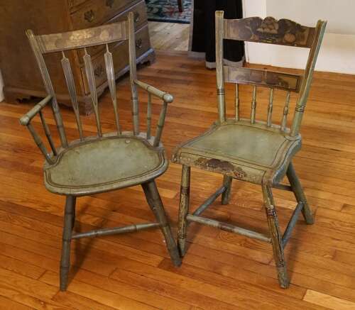 American green painted spindle back chairs