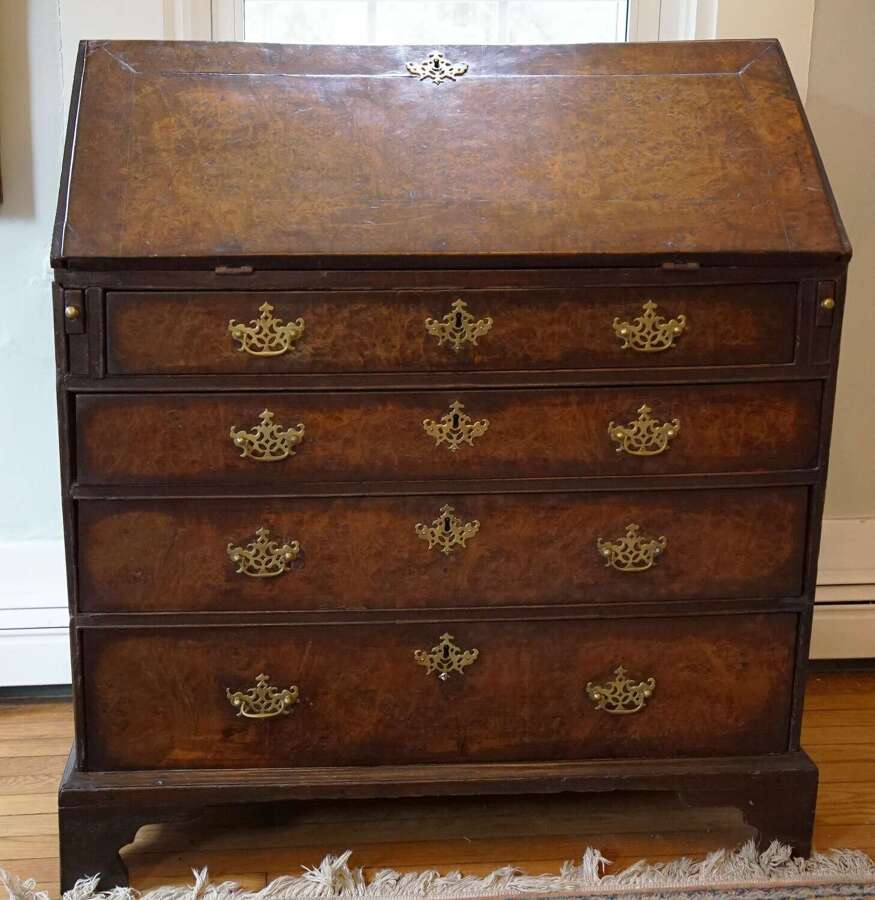 English Burled Walnut Slant-Front Secretary Desk Late 18th Century