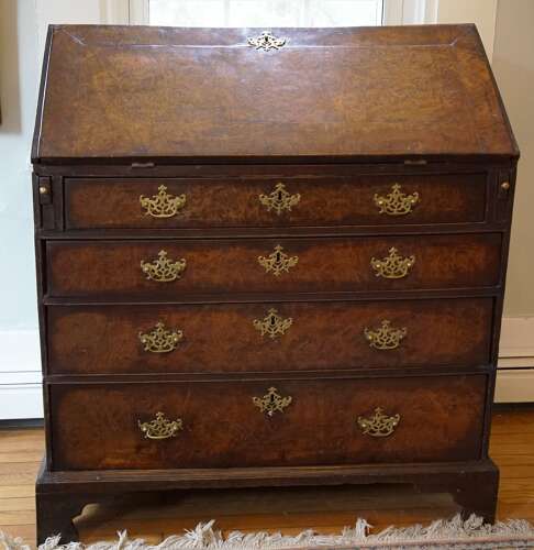 English Burled Walnut Slant-Front Secretary Desk Late 18th Century