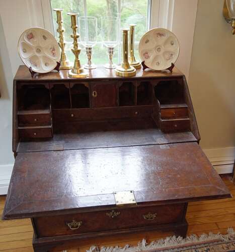 English Burled Walnut Slant-Front Secretary Desk Late 18th Century