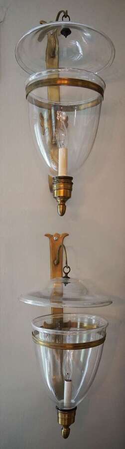 Pair of American glass and brass wall sconces circa 1900 with Hurricane Shades