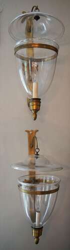 Pair of American glass and brass wall sconces circa 1900 with Hurricane Shades