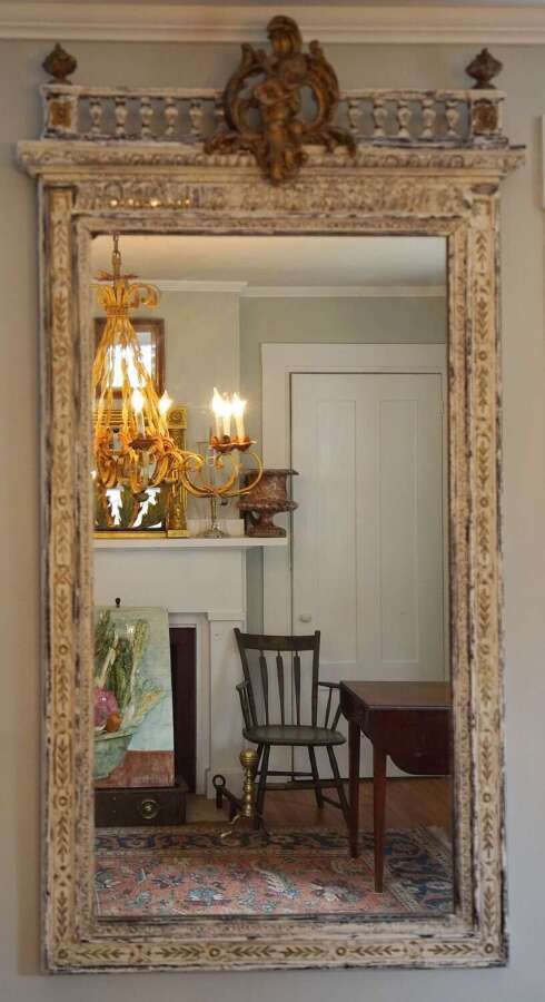 Antique 19th century French trumeau mirror with cherub crest distressed white and gilt fin