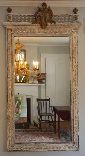 Antique 19th century French trumeau mirror with cherub crest distressed white and gilt fin