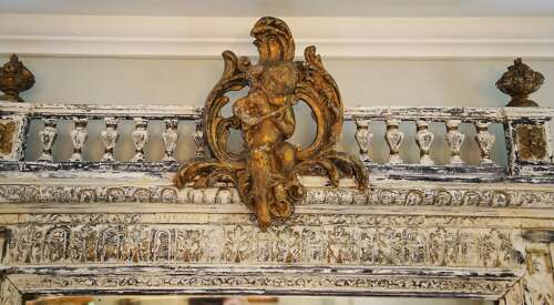 Antique 19th century French trumeau mirror with cherub crest distressed white and gilt fin