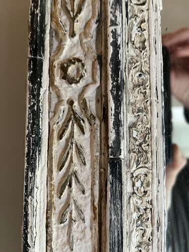 Antique 19th century French trumeau mirror with cherub crest distressed white and gilt fin