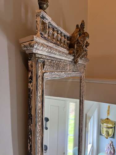 Antique 19th century French trumeau mirror with cherub crest distressed white and gilt fin