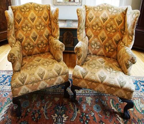 Pair of Antique American Queen Anne Style Wingback Chairs
