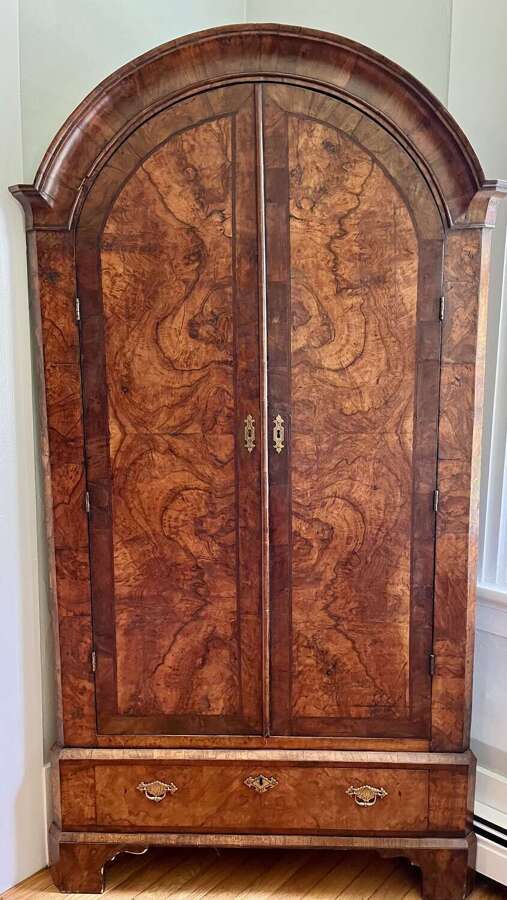 English George II burled walnut arched corner cupboard circa 17407