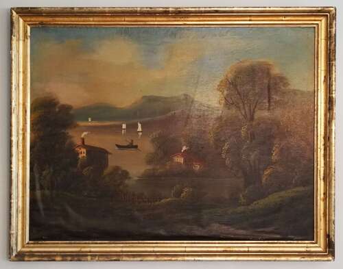 19th Century Hudson River School Landscape Painting – Lake Scene with Sailboats
