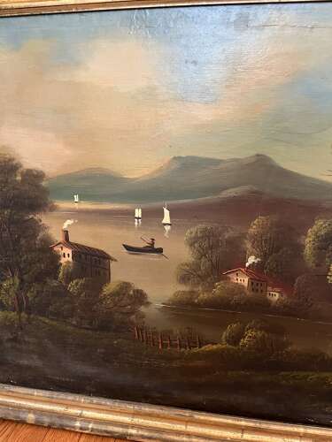 19th Century Hudson River School Landscape Painting – Lake Scene with Sailboats
