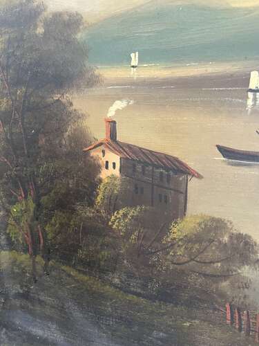 19th Century Hudson River School Landscape Painting – Lake Scene with Sailboats