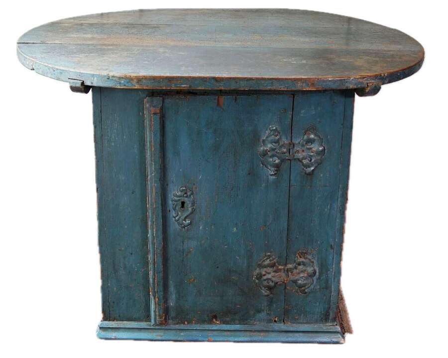 Antique oval top rustic Swedish table in original blue paint