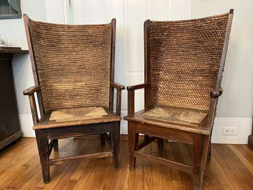 Pair of Antique Scottish Orkney Chairs –Hand-Woven Straw Backs, 19th Century