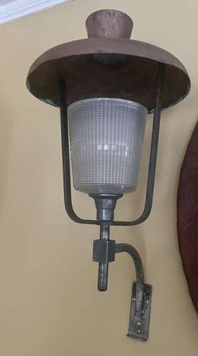 Pair of Vintage French Industrial Copper and Glass Wall Lamps