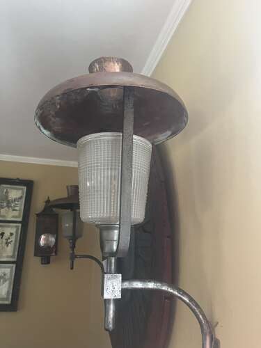Pair of Vintage French Industrial Copper and Glass Wall Lamps