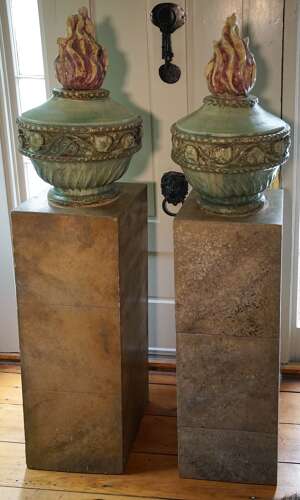 Pair of Neoclassical French flame urns on base