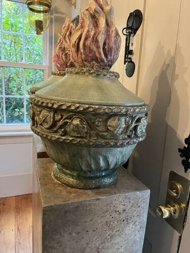 Pair of Neoclassical French flame urns on base