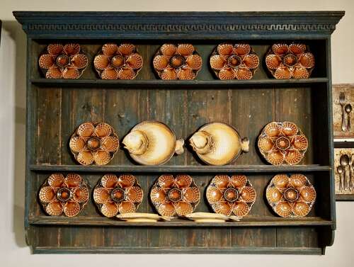 English pine plate rack in original blue paint