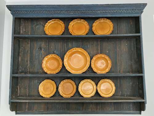 English pine plate rack in original blue paint
