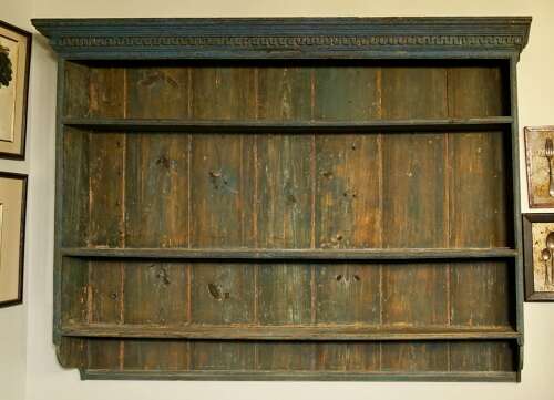 English pine plate rack in original blue paint