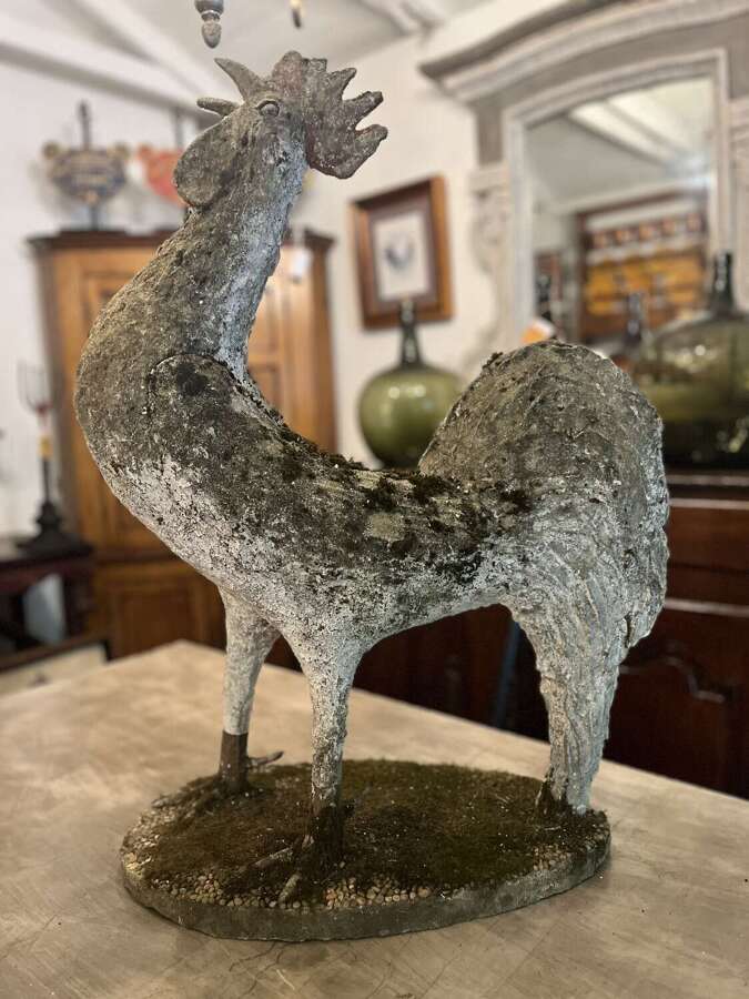 French cast stone rooster statue, early 20th century.
