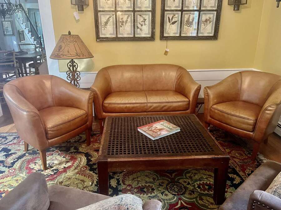 Set of French leather Deco chairs and love seat circa 1940