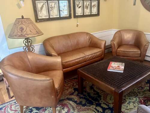 Set of French leather Deco chairs and love seat circa 1940