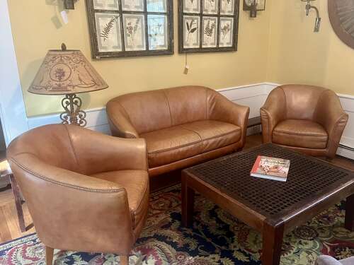 Set of French leather Deco chairs and love seat circa 1940