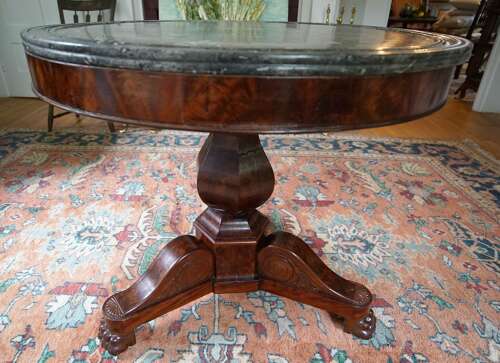 French Empire Style Mahogany Pedestal Table with Marble Top circa 1850