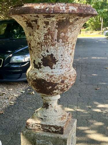 Pair of French cast iron white painted urns on base circa 1860