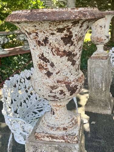 Pair of French cast iron white painted urns on base circa 1860