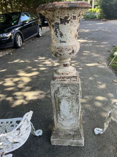 Pair of French cast iron white painted urns on base circa 1860