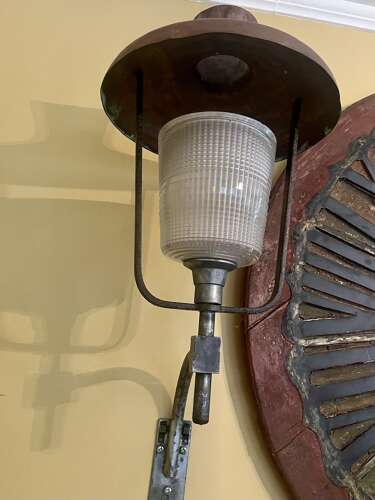 Pair of French brass and copper industrial lamps, early 20th century