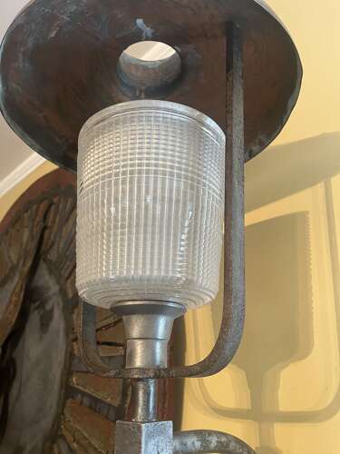 Pair of French brass and copper industrial lamps, early 20th century