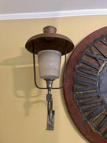 Pair of French brass and copper industrial lamps, early 20th century