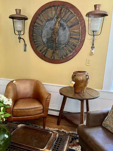 Pair of French brass and copper industrial lamps, early 20th century