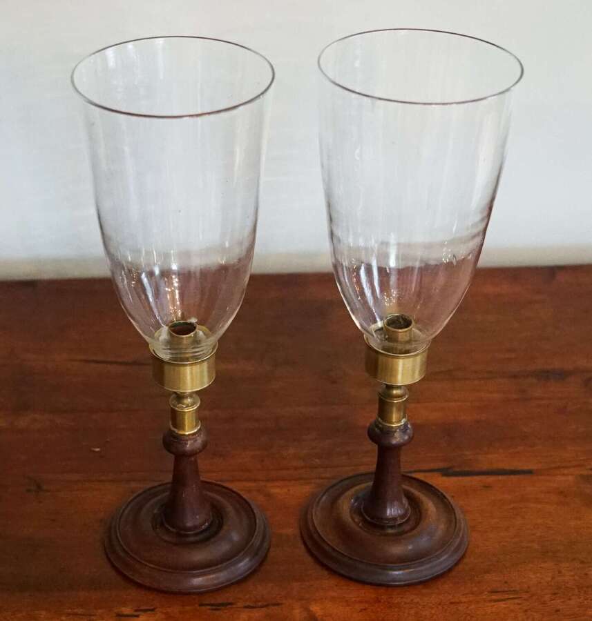 English pair of walnut candle holders, blown hurricane glass, circa 1890