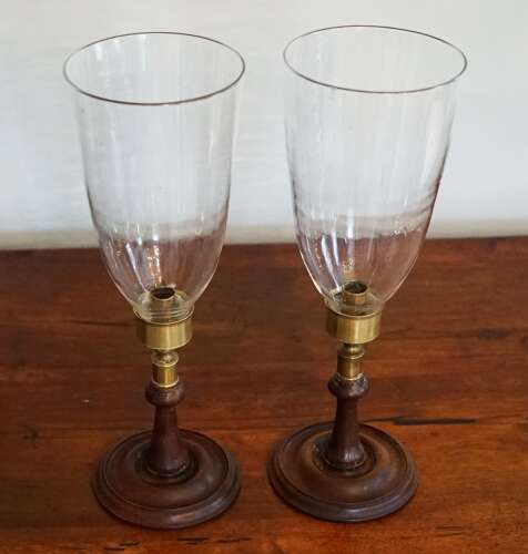 English pair of walnut candle holders, blown hurricane glass, circa 1890