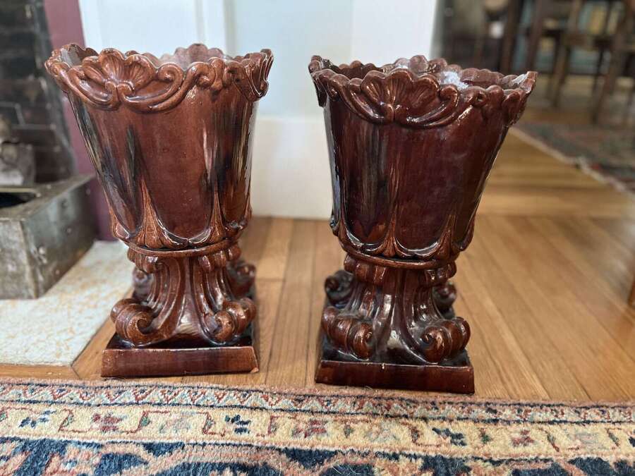 Pair of French glazed Terracotta Urns&nbsp;Circa late 19th &ndash; early 20th century