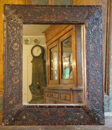 German brown leather framed mirror circa 1920