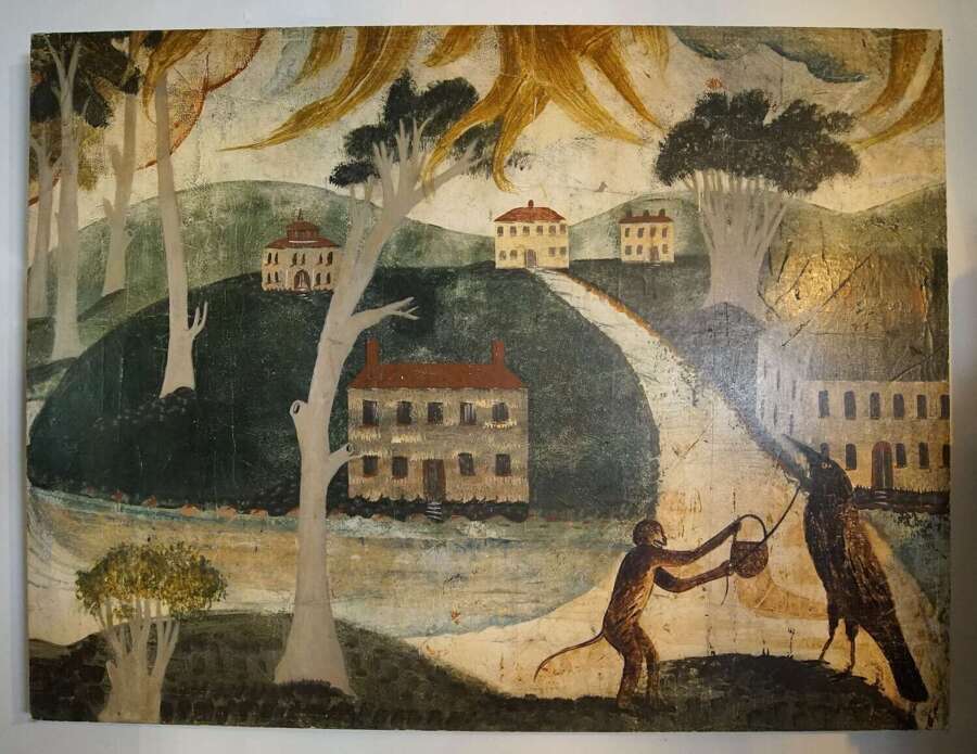 Kevin Paulsen Painting, monkey feeding breadfruit to crow