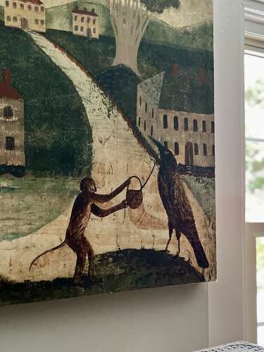 Kevin Paulsen Painting, monkey feeding breadfruit to crow