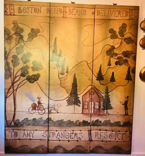 Kevin Paulsen folk art painting – Boston Baked Beans Delivered, folding screen