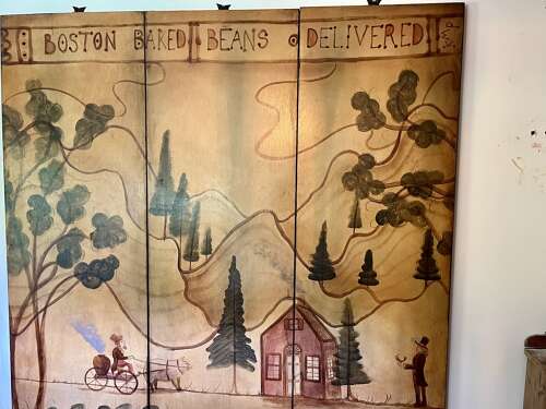 Kevin Paulsen folk art painting – Boston Baked Beans Delivered, folding screen