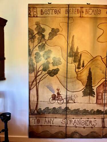Kevin Paulsen folk art painting – Boston Baked Beans Delivered, folding screen