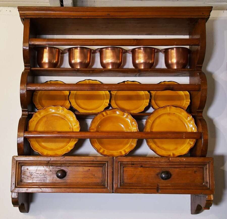 English pine hanging plate rack, circa 1880
