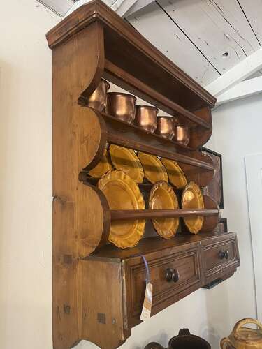 English pine hanging plate rack, circa 1880