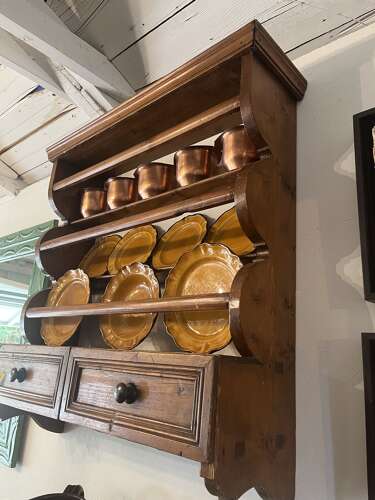 English pine hanging plate rack, circa 1880